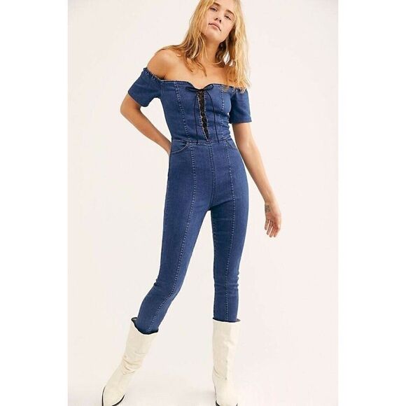FREE PEOPLE 3 x 1 CAMILLE LACE UP DENIM JUMPSUIT - Picture 1 of 4